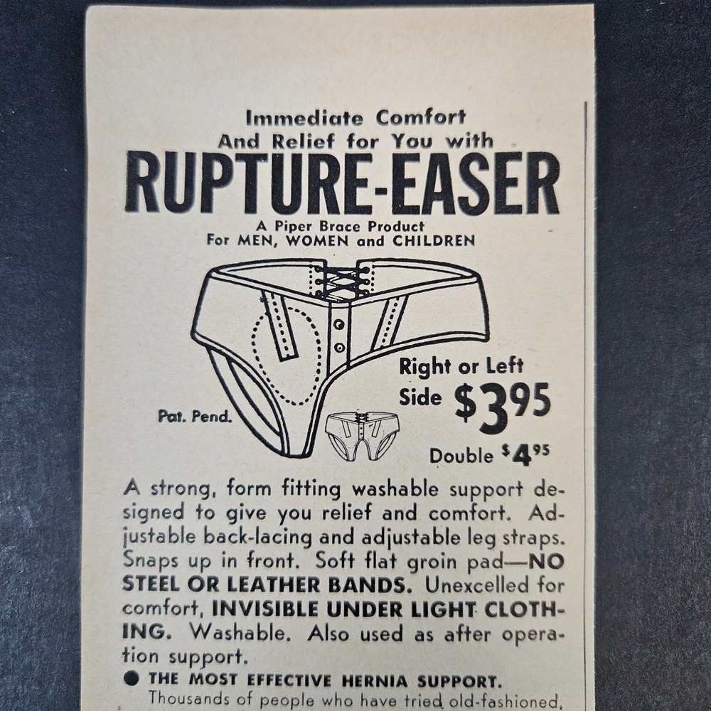 1952 Piper Brace Co Rupture-Easer Hernia Vintage Print Ad Kansas City MO Medical